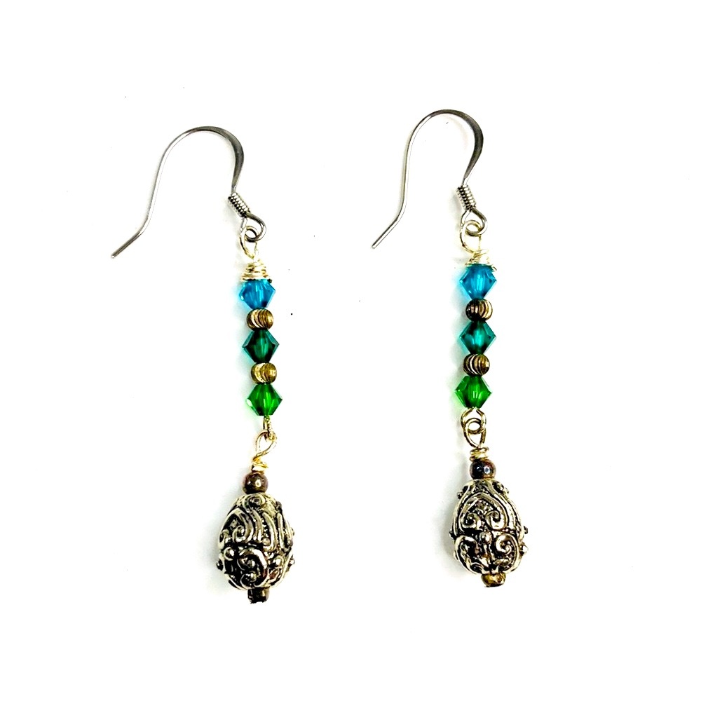 Artisan Crafted Green Swarovski and Metal Drop Earrings